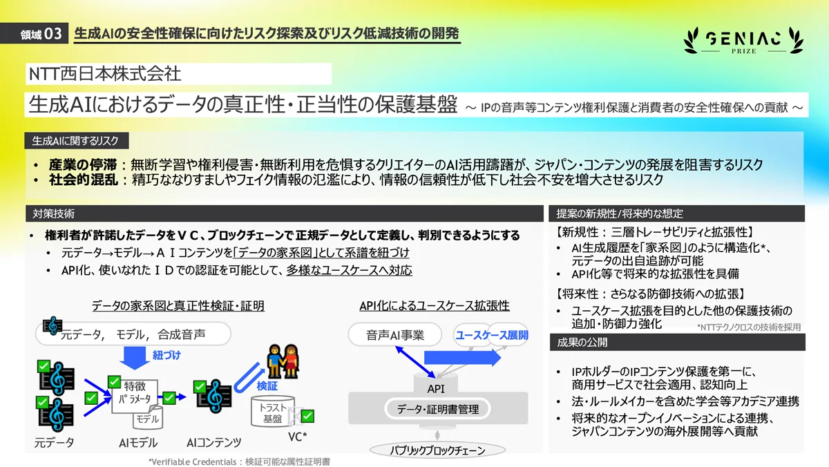 NTT西日本株式会社による「生成AIにおけるデータの真正性・正当性の保護基盤」の対策技術（データの家系図と真正性検証）と将来的な拡張性
