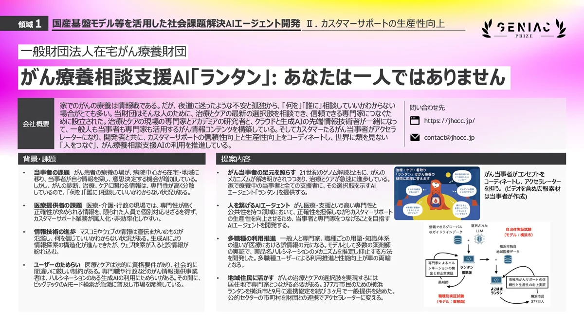 一般財団法人在宅がん療養財団による、がん療養相談支援AI「ランタン」の会社概要、背景・課題、および提案内容