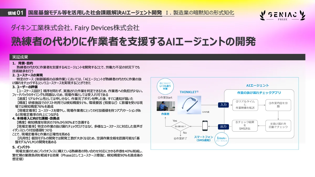 ダイキン工業株式会社とFairy Devices株式会社による「熟練者の代わりに作業者を支援するAIエージェントの開発」の会社概要、背景・課題、および提案内容の概要